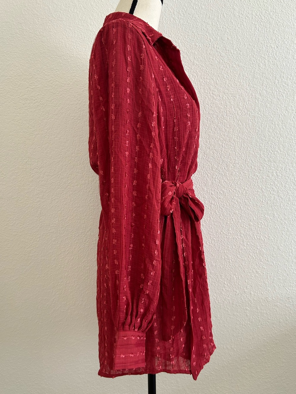 NEW SKYLAR ROSE Size S Cardinals Red Long Sleeve Button Down Short Dress BELTED - Picture 6 of 10